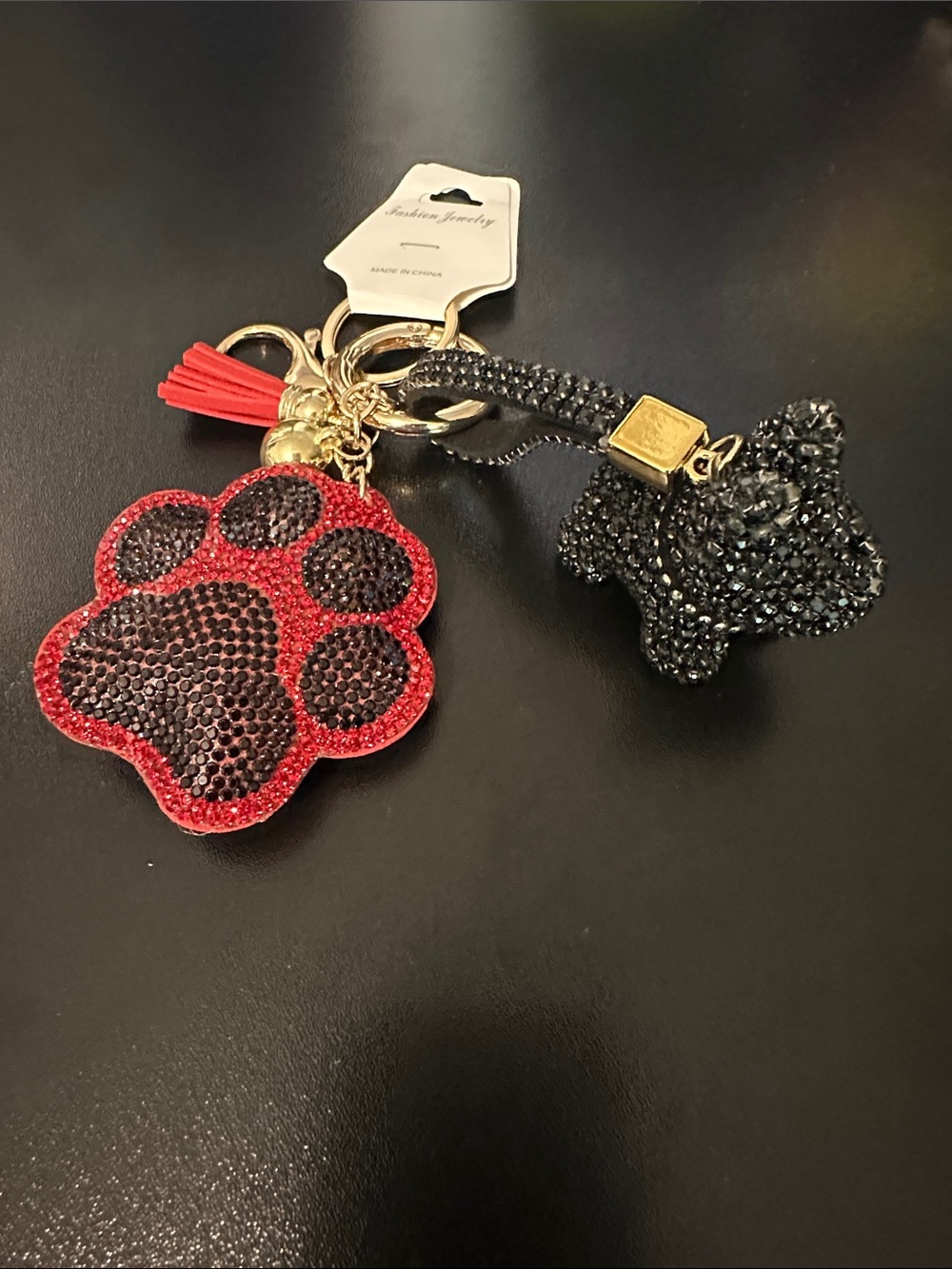 Red & Black Paw and Dog Crystal Keychain Charm